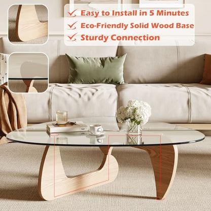 Modern Coffee Table for Living Room and Small Spaces, 43.3" x 29.5" x 15.8" Triangle Tempered Glass Table Top and Eco-Friendly Solid Wood Base, Natural Wood