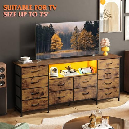 Dresser TV Stand for 75 Inch TV, 12 Drawer LED Dresser, Rustic Brown, view 4