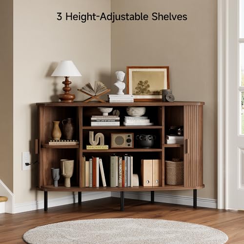 47" Corner TV Stand, Fluted TV Cabinet for 55 Inch TVs, Walnut, view 5