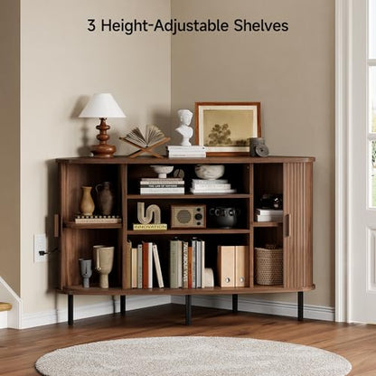 47" Corner TV Stand, Fluted TV Cabinet for 55 Inch TVs, Walnut, view 5