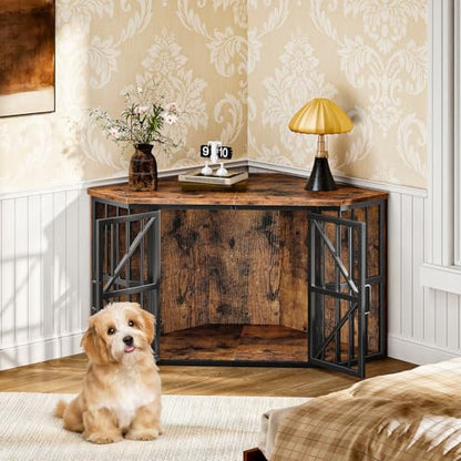 44" Corner Dog Crate Furniture for Medium Dogs, Rustic Brown, view 3