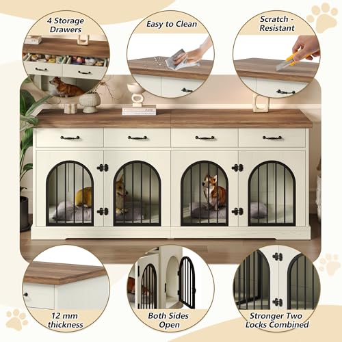 70.8" Large Dog Crate Furniture & TV Stand for 2 Dogs –Double Kennel with 4, view 5