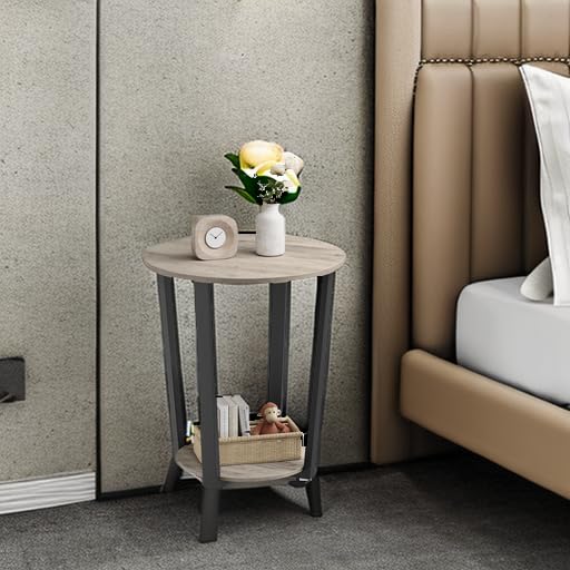 VASAGLE Round Side End Table, 2-Tier Accent Bedside Table with Storage Shelf, Easy Assembly, Nightstand for Small Spaces, Living Room, Bedroom, Heather Greige and Ink Black ULET057B02