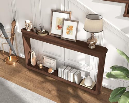 Modern 70 Inch Entryway Table Narrow - Behind Sofa Table Narrow, 8 Inch Deep Console Table Behind Couch with Open Storage, Walnut Entryway Table for Hallway, Foyer, Living Room