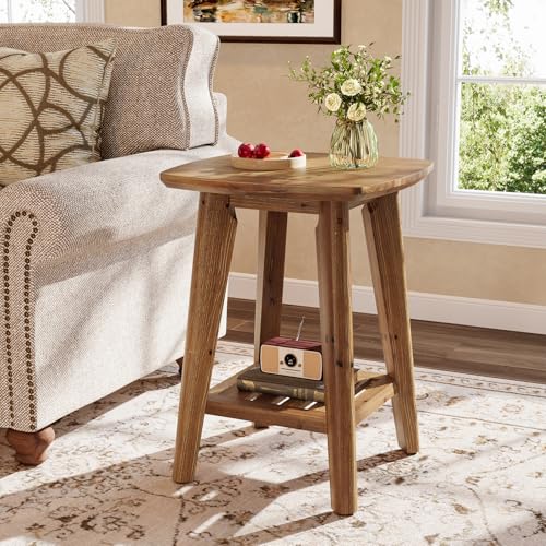 Square Side Table with 2-Tier Storage Shelf & Solid Wood Material, 19.68" Wood End Table for Living Room, Sofa Side, Small Spaces – Easy Assembly, Space-Saving Design