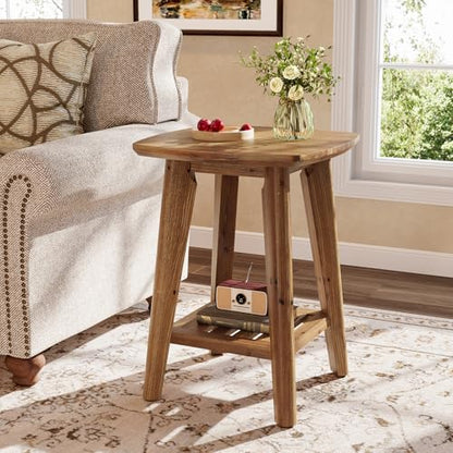 Square Side Table with 2-Tier Storage Shelf & Solid Wood Material, 19.68" Wood End Table for Living Room, Sofa Side, Small Spaces – Easy Assembly, Space-Saving Design