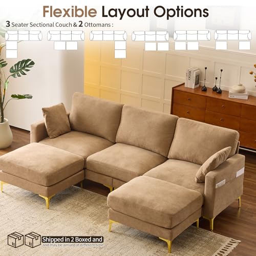 100" W U Shaped Couch with Ottoman, 22" Deep Seat Comfortable Sectional Couches for Living Room, 3 Seater Chenille Fabric Cloud Sofa for Apartment, Small Spaces, Bedroom, Khaki