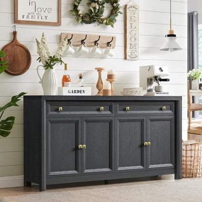 Credenza Storage Cabinet with 4 Doors and 2 Drawers, 59" Large Sideboard Buffet Cabinet, 32.1'' Tall Wood Buffet Table Coffee Bar Console Cabinets for Living Dining Room, Black