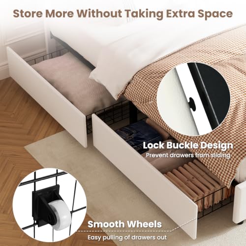 White faux leather platform bed with storage drawers and LED lights, view 6