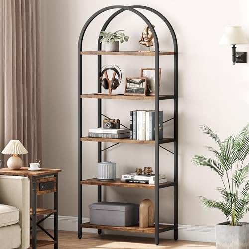 Bookshelf 5 Tier Bookcase Arched Display Racks Tall Standing Bookshelves Metal Frame Modern Storage Rack Shelf Large Wood Book Shelf for Bedroom, Living Room, Home Office (Rustic Brown)