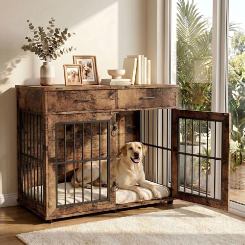 43.3" Large Dog Crate Furniture with 2 Drawers, Brown, view 2
