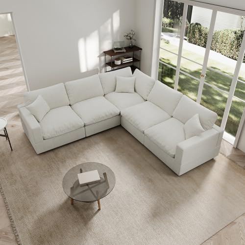 Modern Sectional Linen Couch for Living Room V-Shape Sofas,5 Seat Modular Cloud Sofas,Couches Cushion Covers Removable,Cozy Feather Down Sofa for Apartment Cream White