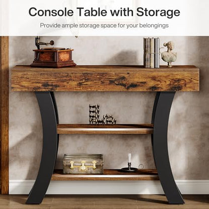 Tribesigns 41" Small Console Table for Entryway, 3-Tier Narrow Rustic Sofa Table with Storage Shelves and Curved Frame for Living Room, Entry, Hallway, Foyer, Rustic Brown