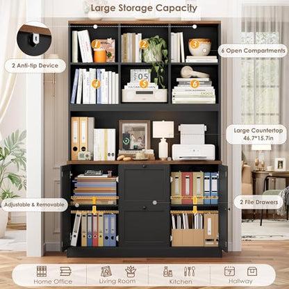 72'' Tall File Bookcase with Power Outlet & Printer Stand, 2 Drawer Filing Cabinets for Home Office Fit Hanging A4 File, Storage Cabinet w/ 3 Tier Open Book Shelf & Doors for Living Room, Black