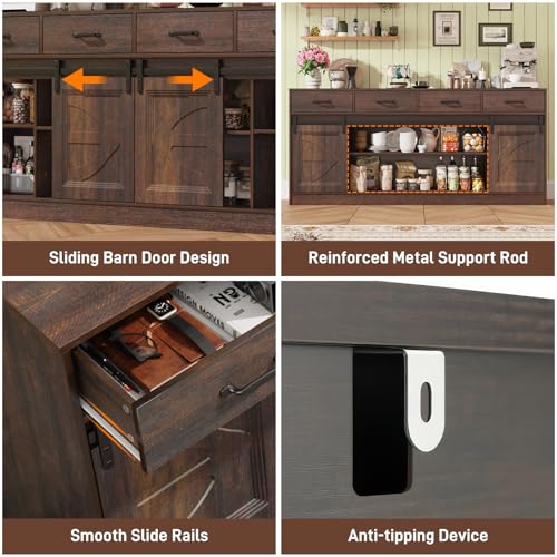 70" Large Farmhouse TV Stand for 85/80/75/70 Inch TVs w/4 Drawers,Rustic Tall Media Console w/Sliding Barn Door, Adjustable Shelves,Tall Entertainment Center for Living Room,Brown