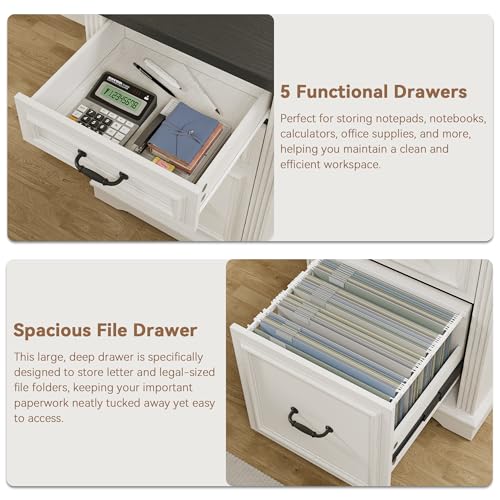 Farmhouse L Shaped Executive Desk with 4 Drawers, Home Office Desk with Hidden Under-Desk Storage Shelf and Charging Station, File Cabinet Storage, Wood Corner Computer Desk for Work(White+Black)