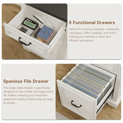 Farmhouse L Shaped Executive Desk with 4 Drawers, Home Office Desk with Hidden Under-Desk Storage Shelf and Charging Station, File Cabinet Storage, Wood Corner Computer Desk for Work(White+Black)