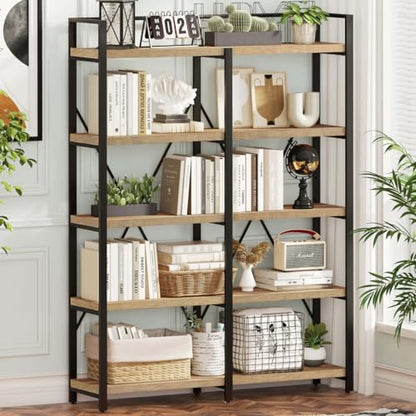 Bookshelf, 5 Tier Industrial, Tall Etagere Bookcase, Rustic Wood and Metal Book Shelf with Large Open Shelving Unit for Home Office Living Room (Rustic Oak, 51 Inch Wide)