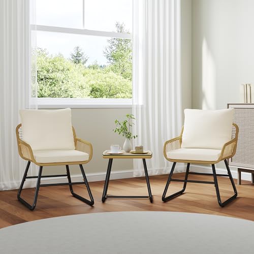 Yaheetech 3 Piece Patio Bistro Set, Outdoor Wicker Bistro Furniture Sets | 2 Rattan Chairs and Glass Top Table for Patio, Balcony, Porch, Poolside, Backyard, Tan/Cream