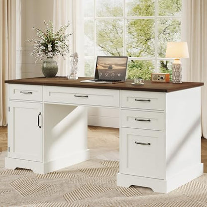 Farmhouse 59 Inch Executive Desk with Drawers, Walnut+White, view 2