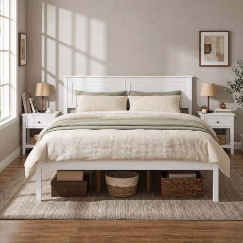Queen Size Bed Frame, Farmhouse Wooden Platform Bed with Headboard, view 5