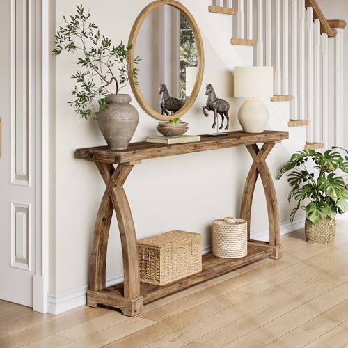 Solid Wood Console Table for Entryway, 63-Inch Narrow Farmhouse Couch Table Behind Sofa with 2-Tier Storage for Entrance, Foyer, Living Room, Long, Rustic Brown
