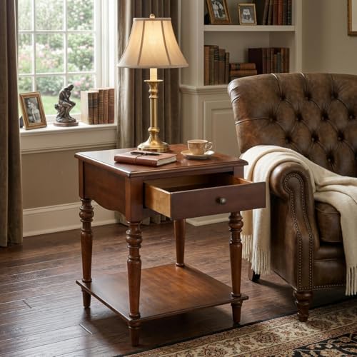 End Table with Drawer and Storage Shelf, Solid Wood Sofa Side Table, Square Beside Table, Telephone Table for Living Room,18.9"L x 18.9"W x 24"H, No-Tools Assembly, Caramel Brown BZ-C008-DR