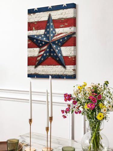 Retro USA Flag Wood Texture Canvas Wall Art Prints,30"x20" Framed Picture Artwork July 4th Red Blue White Star Stripe Printed Canvas Oil Painting for Living Room Bedroom Office,Ready to Hang