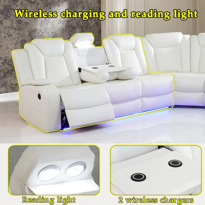 Power Recliner Sofa Set Sectional Couches with LED Light for Living Room, Leather Reclining Corner Sectional Sofa Set with 2 Recliner Seats, Cup Holder, Storage Console, Creamy White