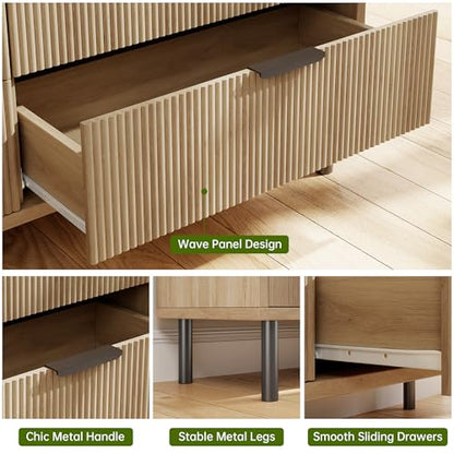 Fluted 5-Drawer Dresser with Metal Legs, Oak, view 6