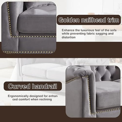 62" Chesterfield Sofa Velvet Two-Seater, Modern Classic Rolled Arm Button Tufted Sofa with Nailhead Decor, Cloud Couch Loveseat for Living Room, Apartment (Grey)