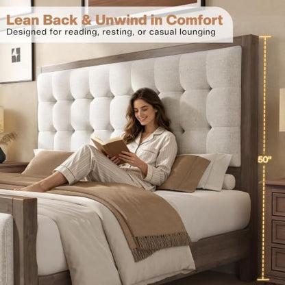 Queen Solid Wood Bed Frame 50" Tall Headboard&Footboard, Ash Grey, view 4