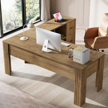 63" L Shaped Executive Desk with Mobile File Cabinet, Brown, view 4