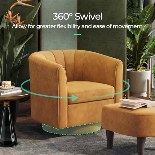 Swivel Accent Chair Ottoman Set: Velvet Small Barrel Chair with Foot Rest, Modern Reading Chair Upholstered Armchair with Footrest for Living Room Bedroom Study Room Office (Yellow)