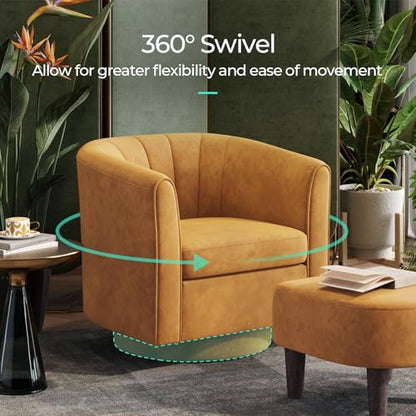 Swivel Accent Chair Ottoman Set: Velvet Small Barrel Chair with Foot Rest, Modern Reading Chair Upholstered Armchair with Footrest for Living Room Bedroom Study Room Office (Yellow)