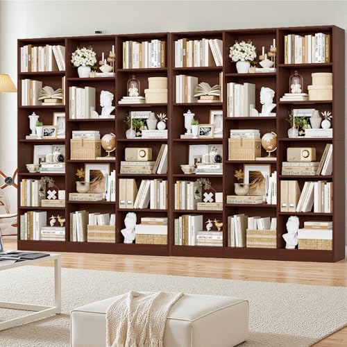 Triple Wide Bookshelf, 6 Tier Large Bookshelf, Bookcase with 17 Open Display Shelves, 74'' Tall Bookcases and Bookshelves for Living Room, Home Office, Library, Cherry