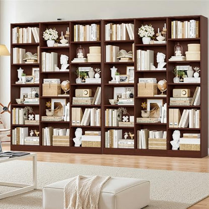 Triple Wide Bookshelf, 6 Tier Large Bookshelf, Bookcase with 17 Open Display Shelves, 74'' Tall Bookcases and Bookshelves for Living Room, Home Office, Library, Cherry