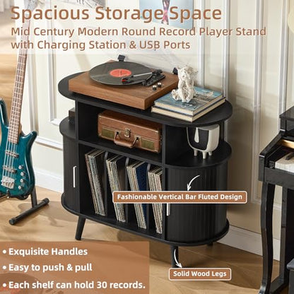 Large Round Record Player Stand with Charging Station, view 8