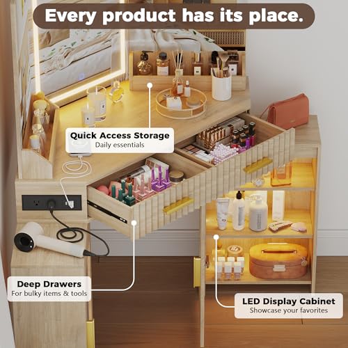 Corner Vanity Desk with Mirror and Lights, Makeup Vanities with 2 Fluted Drawers and Storage Cabinet, Power Outlet & 3 Light Settings, Dimmable for Women Girls, Natural Wood