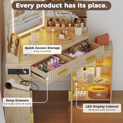 Corner Vanity Desk with Mirror and Lights, Makeup Vanities with 2 Fluted Drawers and Storage Cabinet, Power Outlet & 3 Light Settings, Dimmable for Women Girls, Natural Wood