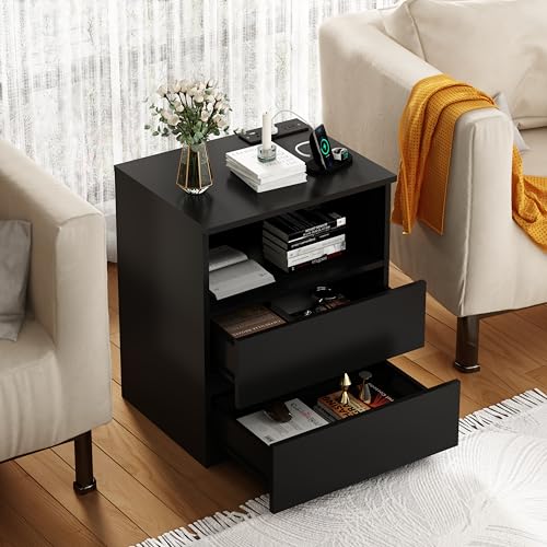 (Set of 2) End Table with Fast USB C Charging Station, Sofa Side Table with 2 Drawers, Large Storage Modern Wood Storage Cabinet for Living Room,Bedroom,Office, Black