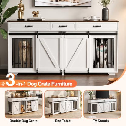 71" Double Dog Crate Furniture with 3 Drawers, view 7