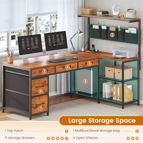 L Shaped Desk with Drawers and Hutch, 47.2" Reversible Office Computer Desk with 5 Fabric Drawers, L Shaped Desk with Storage Shelves, Power Outlet and LED Lights for Home Office, Rustic Brown