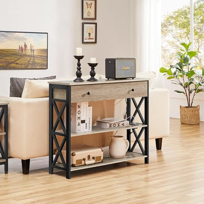Yaheetech TV Stand with Power Outlets, Entertainment Center with Drawer, Media Console Table for TV up to 45 inch with Open Storage Shelf for Bedroom/Living Room/Hallway, Metal Frame, Grey