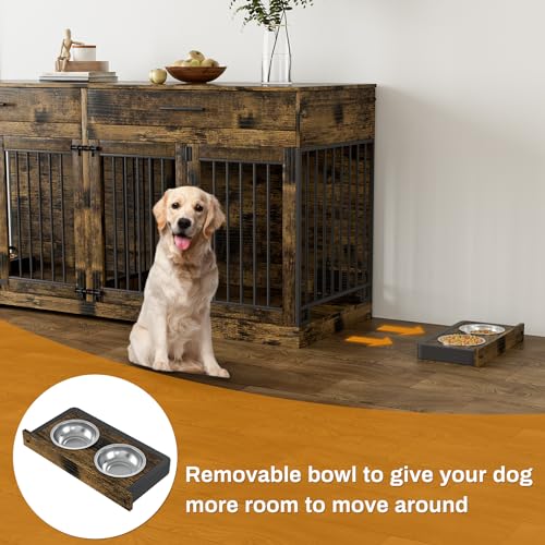 72" Double Dog Crate Furniture for Medium Large Dogs, Rustic Brown, view 5