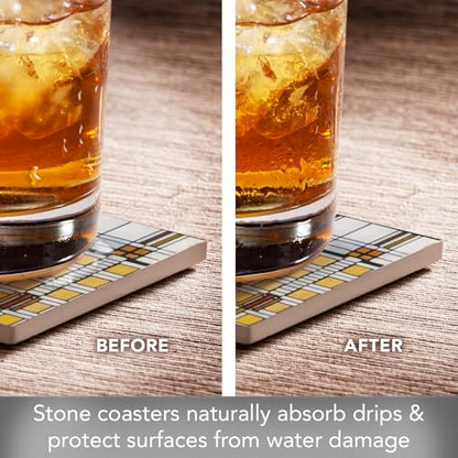 Frank Lloyd Wright's Assorted Art Glass Collection Designs on 4 Pack Assorted Stone Coasters with Protective Cork Backing Manufactured in the USA Absorbent Easily Wipes Clean