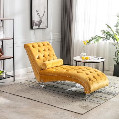 Chaise Lounge Chair Indoor Mustard Velvet Upholstered Button Tufted Chaise, view 2