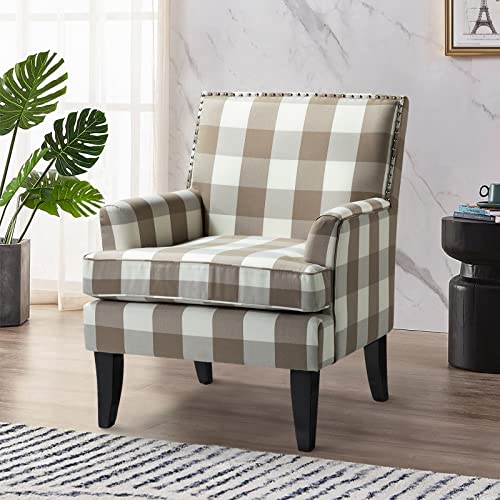 Modern Accent Chair with Arms and Wooden Legs, Mid Century Accent Chair Armchair High Back Rest, Padded Armrest and Comfortable Cushioned Seat for Living Room (Buffalo Beige)