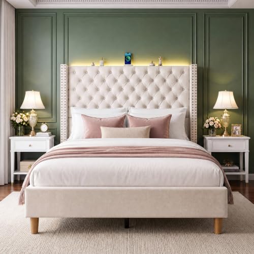 Queen Upholstered Bed Frame with RGB LED Lights and Charging Station, view 4