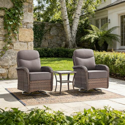 Luxury Outdoor Swivel Rocker Patio Chairs with 6-Inch Thick Cushions, High Back Swivel Glider Patio Chairs, 3PCS Wicker Outdoor Furniture Set for Porch, Patio, Yard, Deck, Poolside, Brown/Grey
